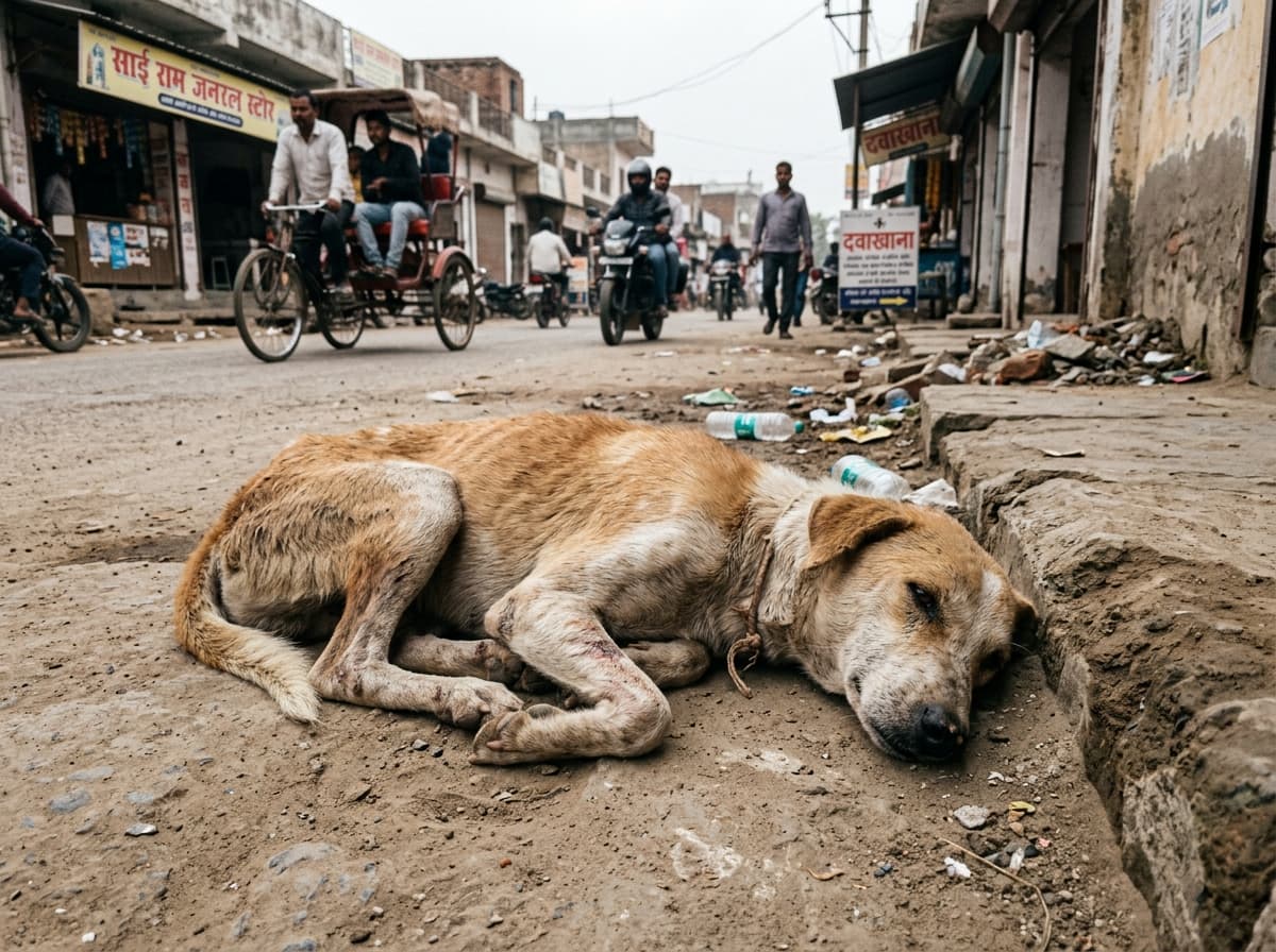 A rescued street dog at the moment of rescue